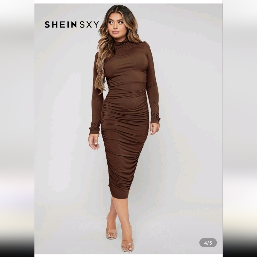 SHEIN Brown Long Sleeve Ruched Dress